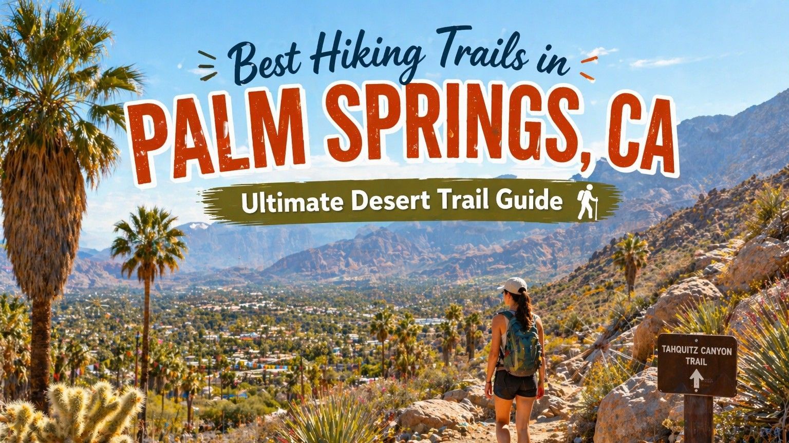 Hiker overlooking Palm Springs mountains with text “Best Hiking Trails in Palm Springs, CA” and “Ultimate Desert Trail Guide”
