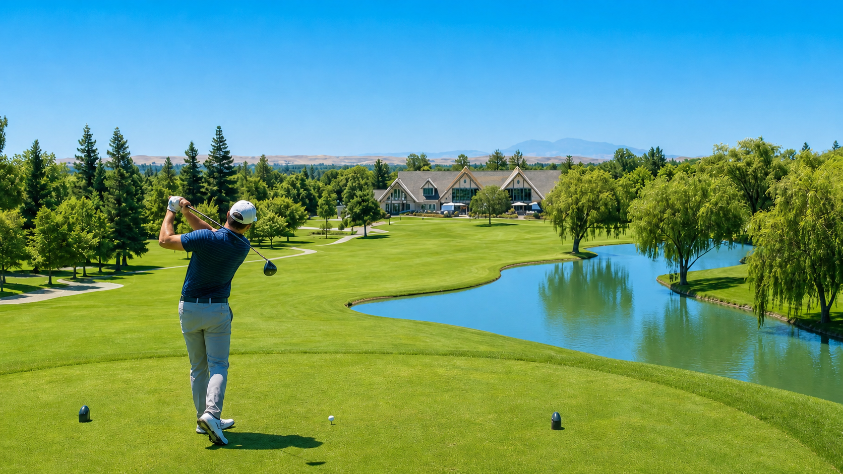 Golfer mid-swing on a green fairway beside a pond under a clear blue sky
