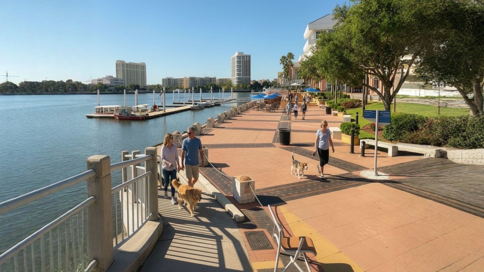 A sunny waterfront promenade with people walking dogs beside a calm lake with boat slips and city buildings in the distance.