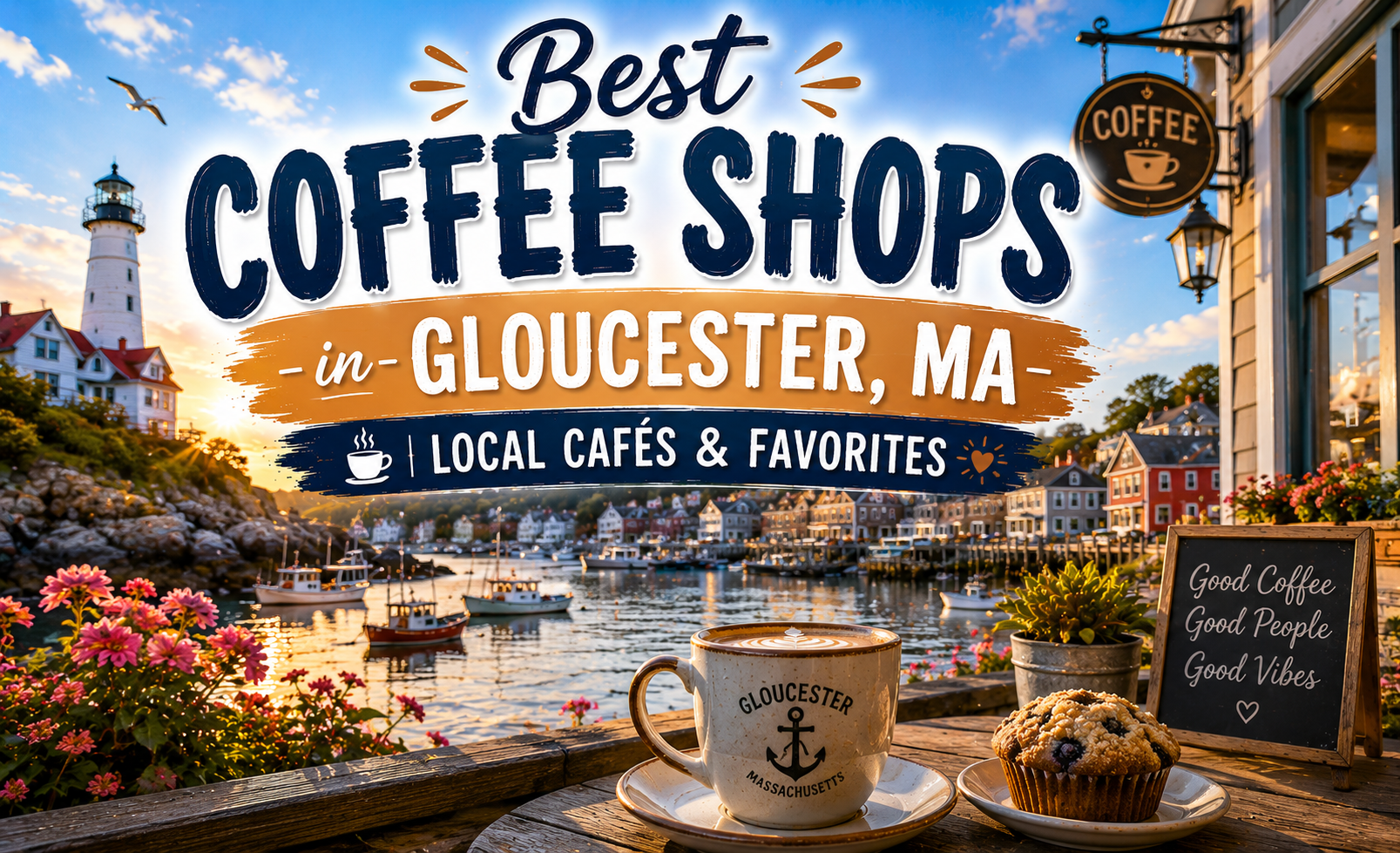 Graphic for “Best Coffee Shops in Gloucester, MA” over harbor scene with coffee cups and pastries