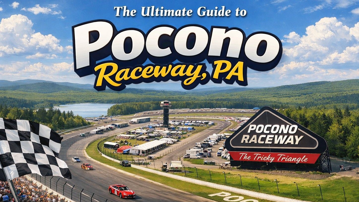 Aerial view of Pocono Raceway with a checkered flag in the foreground and the text 