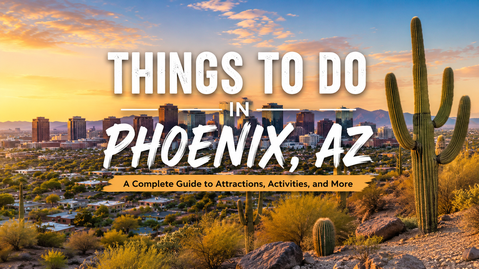 Phoenix, AZ skyline and desert sunset with saguaro cactus, overlaid with “Things to Do Phoenix, AZ” text
