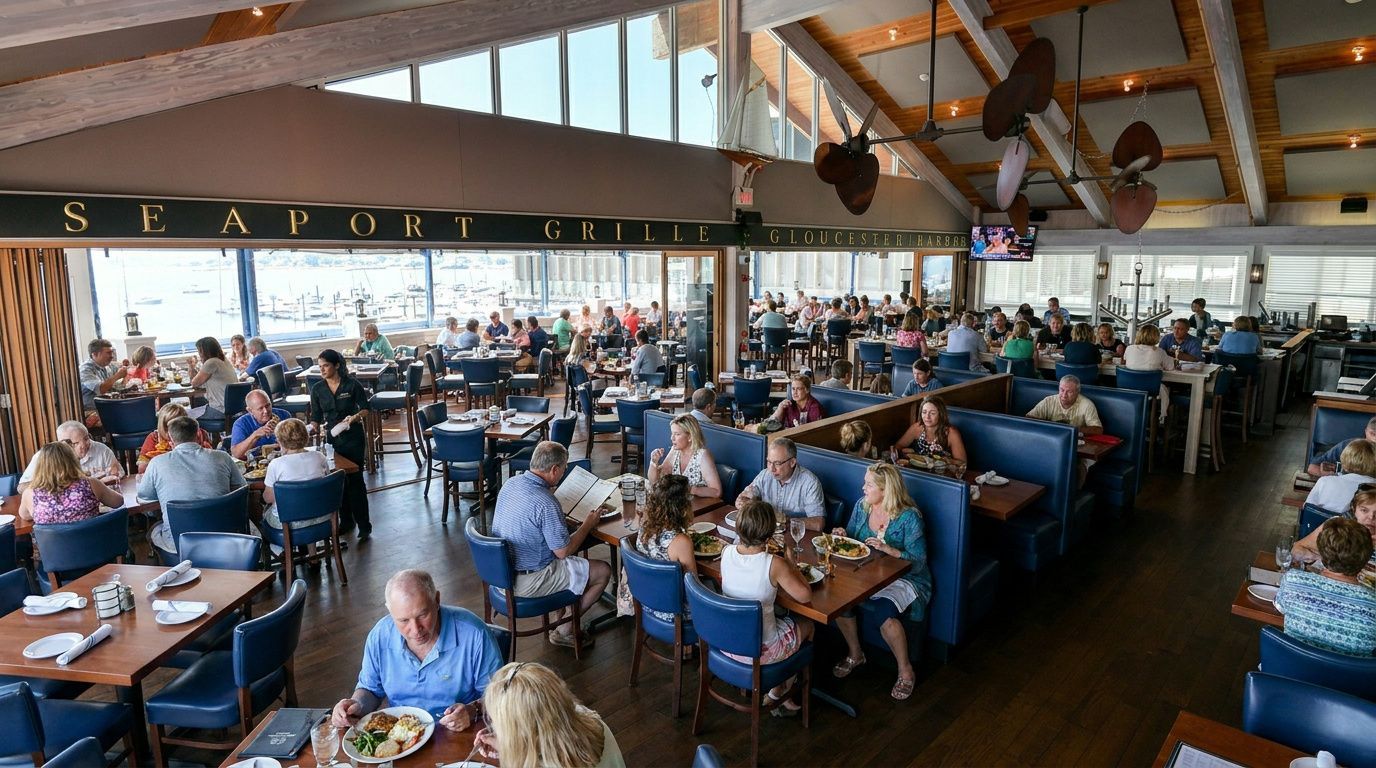 Crowded seaside restaurant with diners seated at blue tables under a bright wooden roof