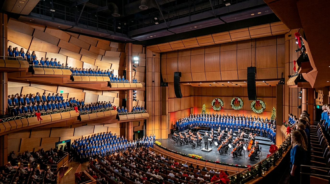 Large concert hall with orchestra, choir, and audience seated around a brightly lit stage