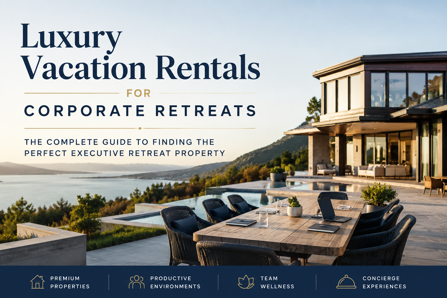 Luxury vacation rentals brochure with modern coastal villa, pool, and ocean view at sunset