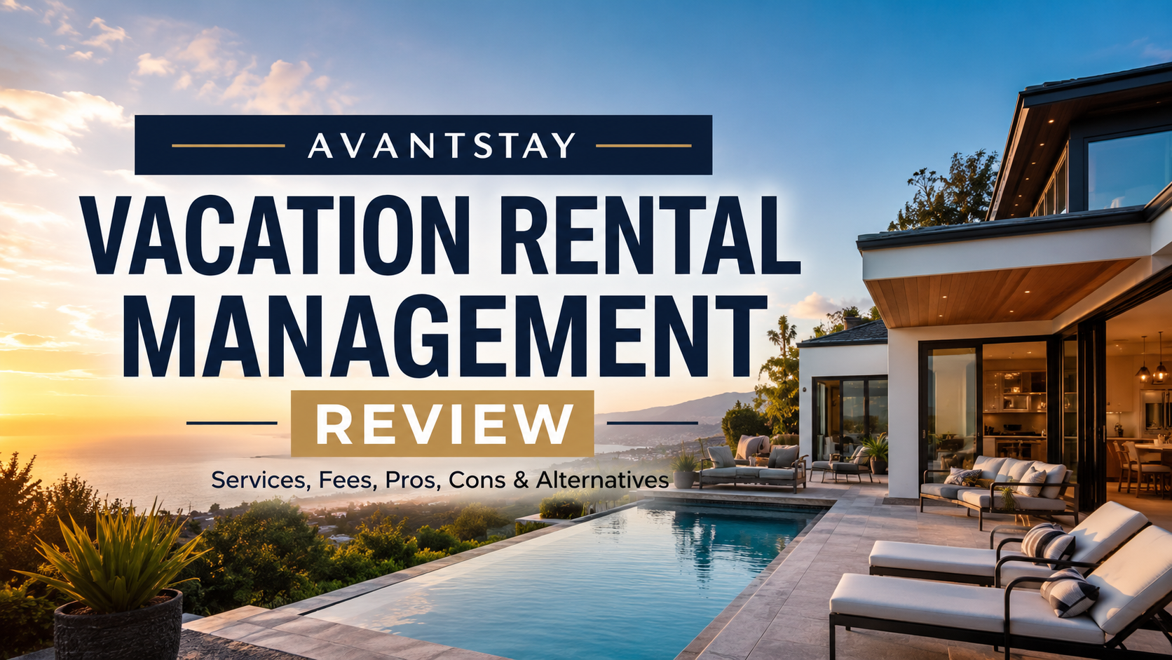 Vacation rental management review banner over luxury villa and pool at sunset