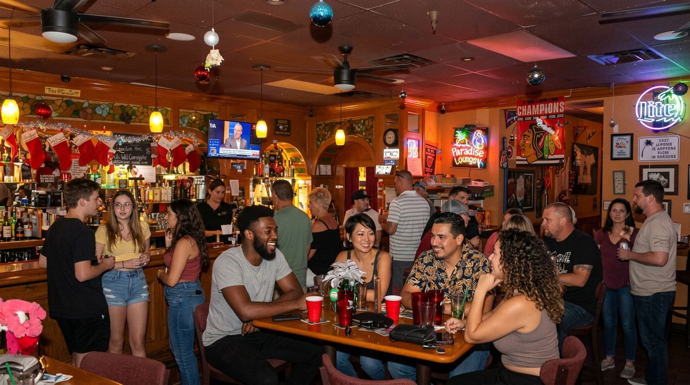Crowded bar with patrons seated at tables, colorful lights, and bottles lining the walls