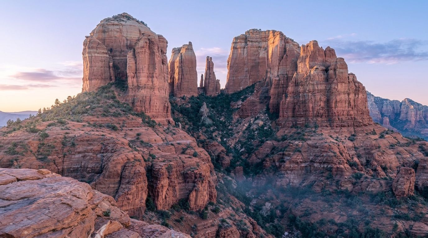 Red sandstone buttes and cliffs at sunrise under a pink and blue sky.