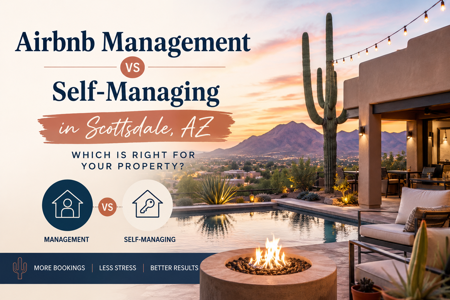 Airbnb management vs self-managing in Scottsdale, AZ over a desert pool and fire pit at sunset