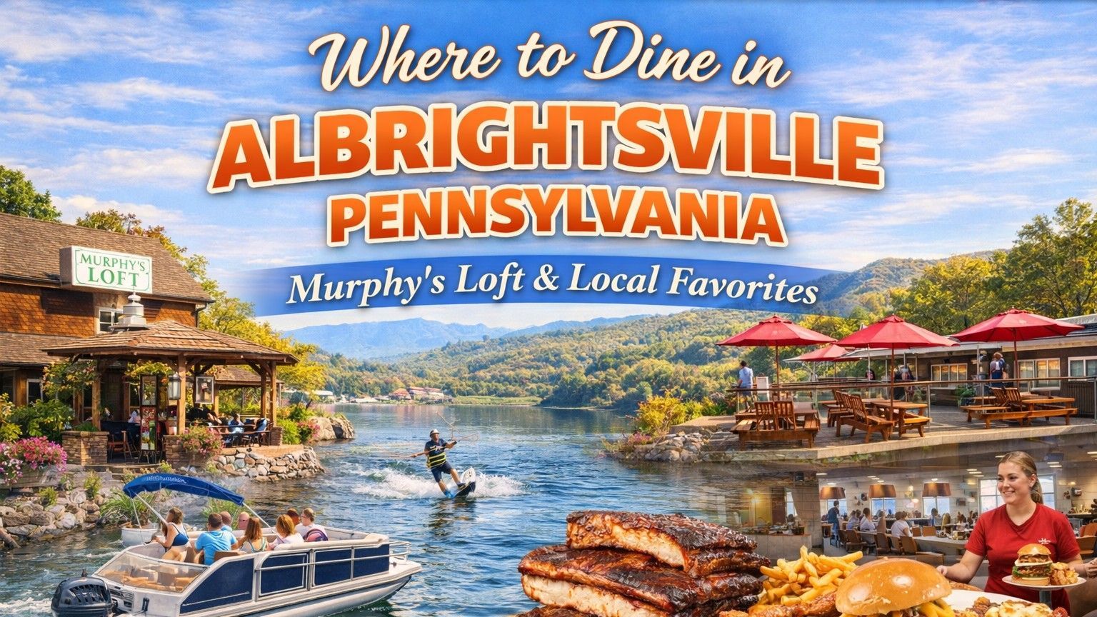 Where to dine in Albrightsville, Pennsylvania, featuring Murphy's Loft. Water activities, mountains, food, and people.