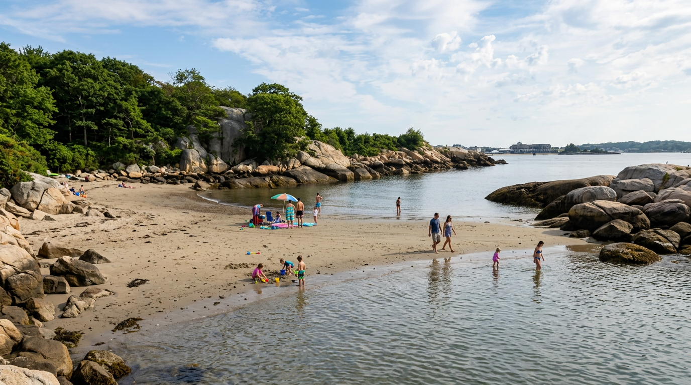 Rocky beach cove with people swimming and relaxing beside calm water and green trees