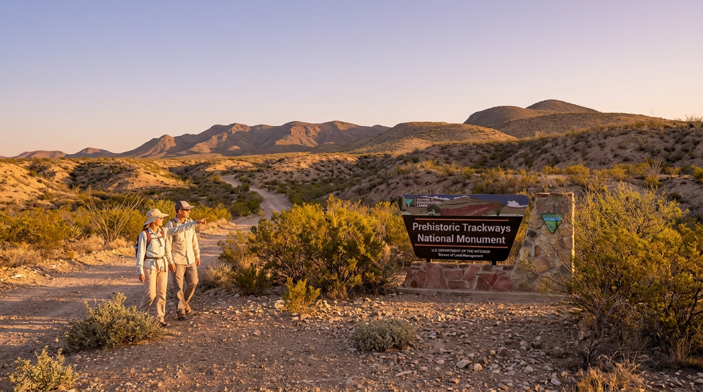Two hikers beside a trail sign in a desert at sunset, with mountains in the background
