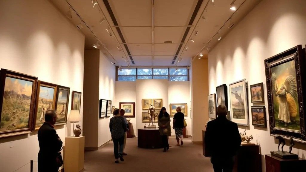People viewing artwork in a well-lit art gallery. Paintings line the walls; soft light illuminates the space.