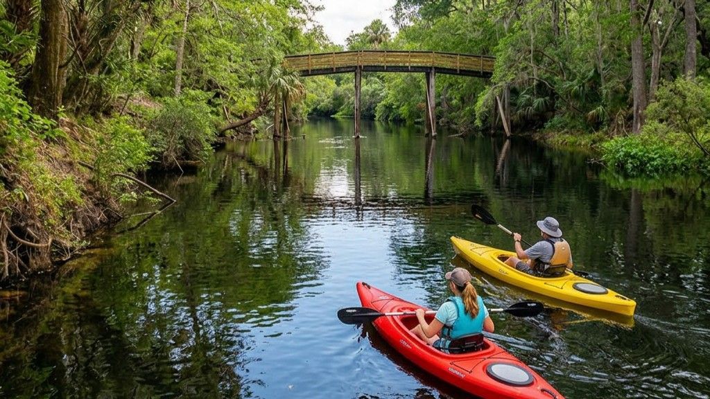 Two people in red and yellow kayaks paddle through a calm, tree-lined river toward a wooden bridge in the distance.