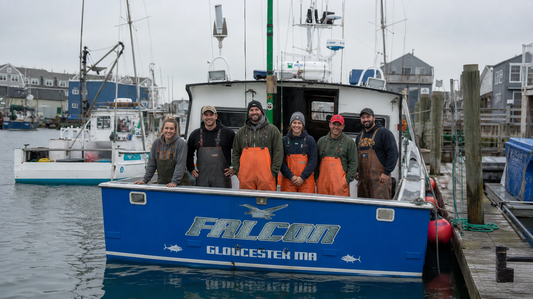 Six fishermen pose on a blue fishing boat at a harbor on a gray day