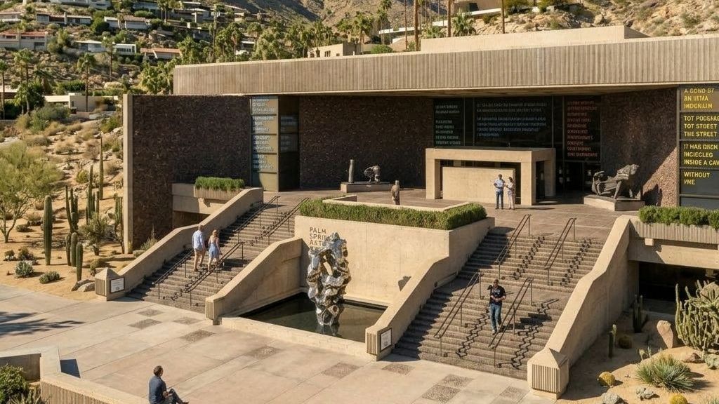 Sun-drenched Palm Springs Art Museum entrance with stairs, a sculpture fountain, and visitors walking on the plaza.