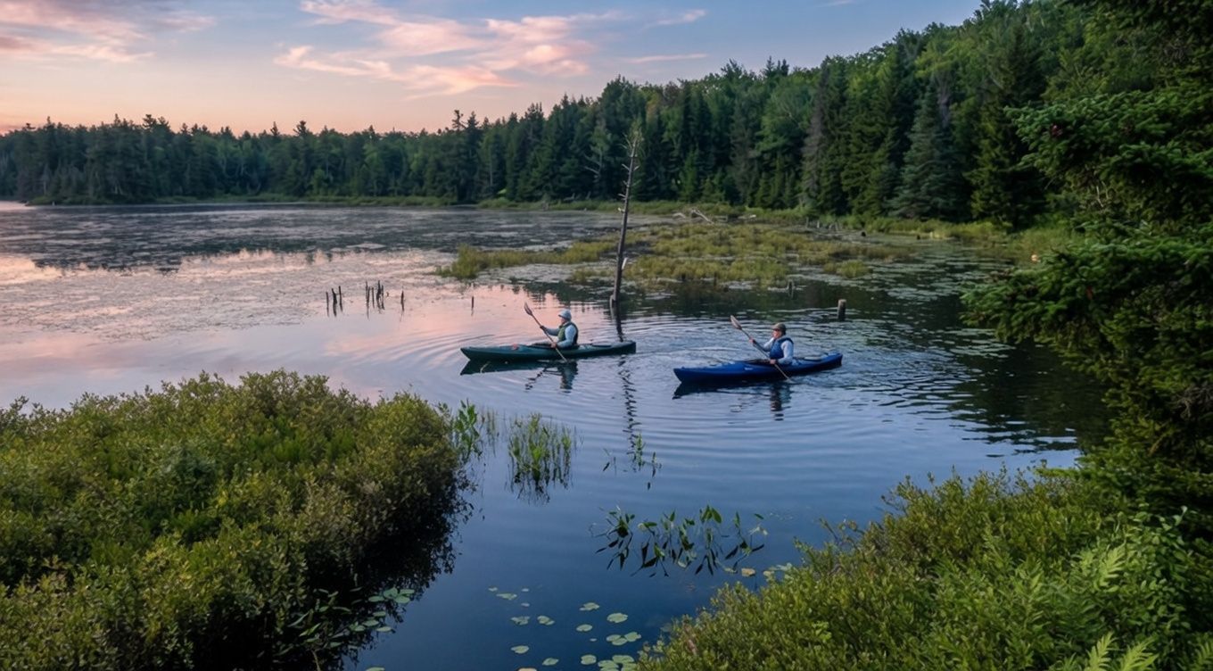 Two kayakers on a calm lake at sunset, surrounded by green trees and reflected sky