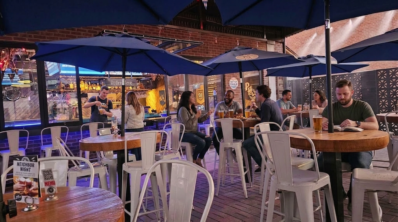 Outdoor café at dusk with diners seated under umbrellas and string lights, overlooking the water.