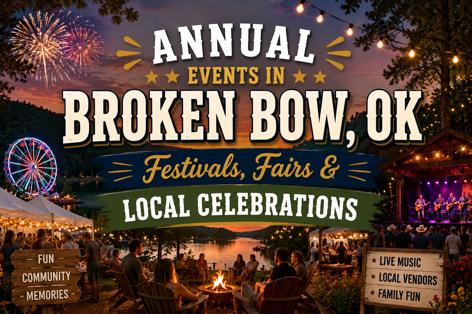 Annual events in Broken Bow, OK with fireworks, festival scenes, and local celebrations