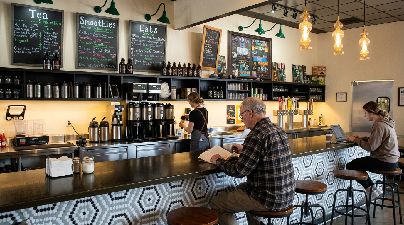 Cozy coffee shop counter with menu boards, a barista, and customers seated at the bar.