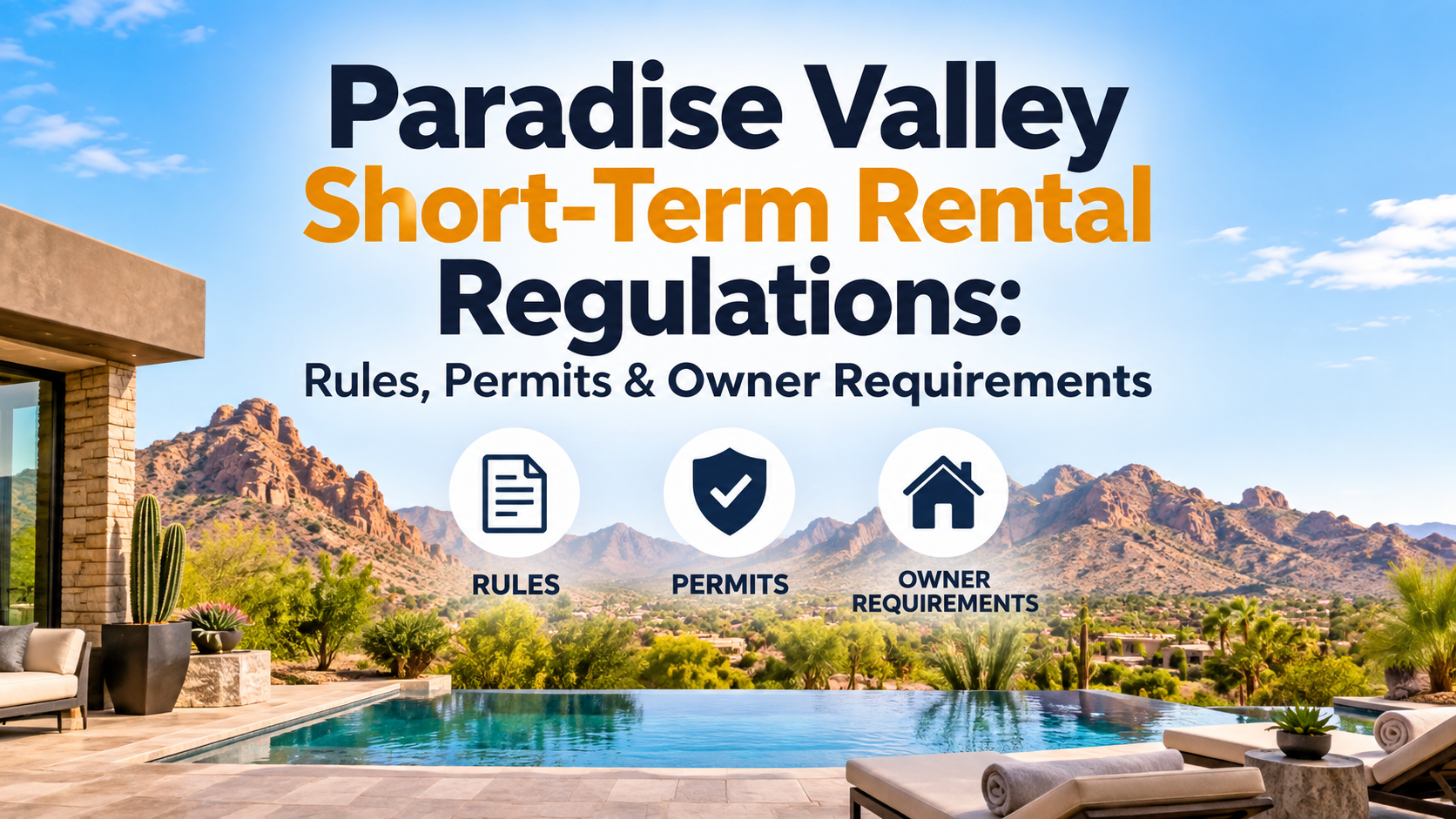 Paradise Valley short-term rental regulations banner over luxury pool and desert mountain view