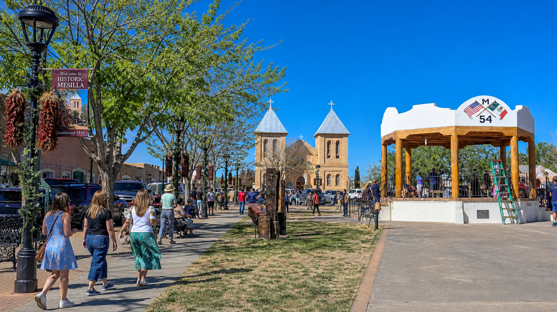 People walking in a sunny park with blue-roofed towers and a colorful gazebo