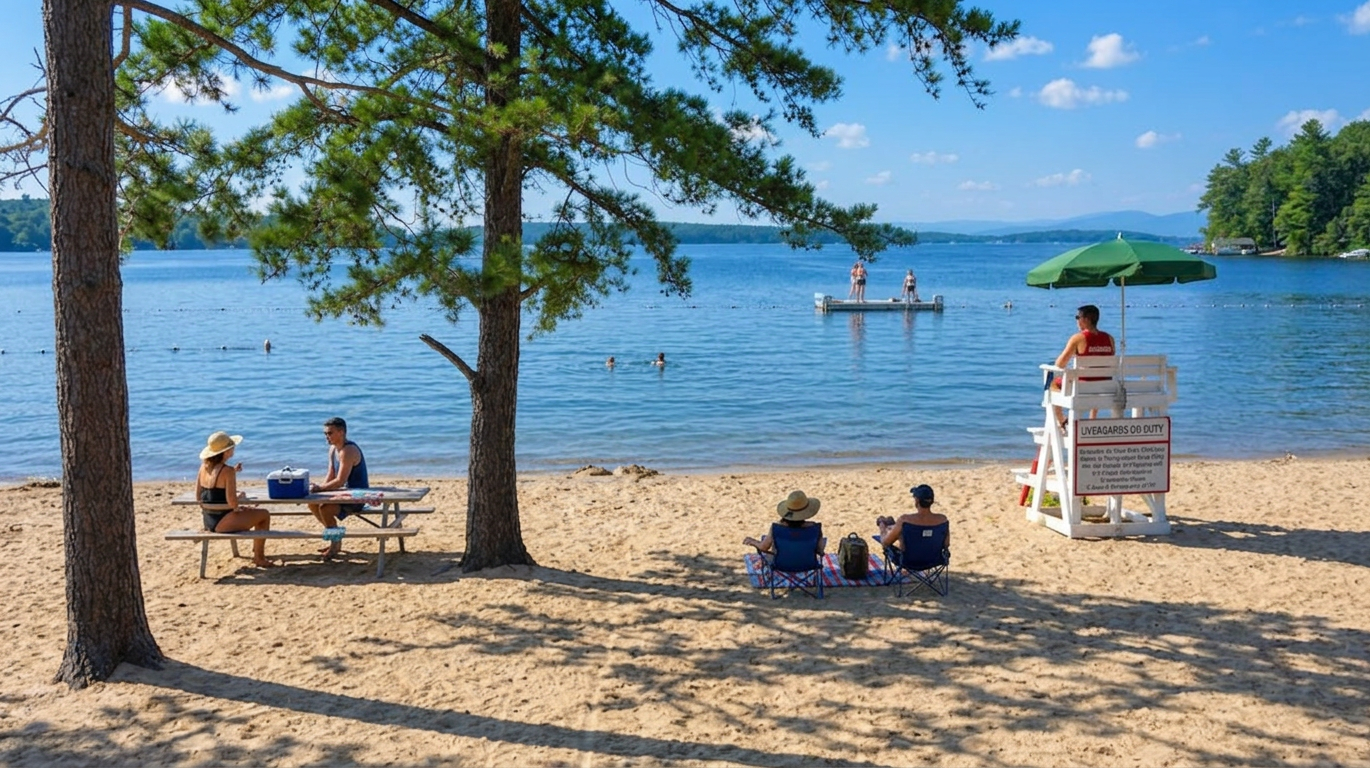 Sandy lakeside beach with people relaxing under trees and a canoe on calm blue water