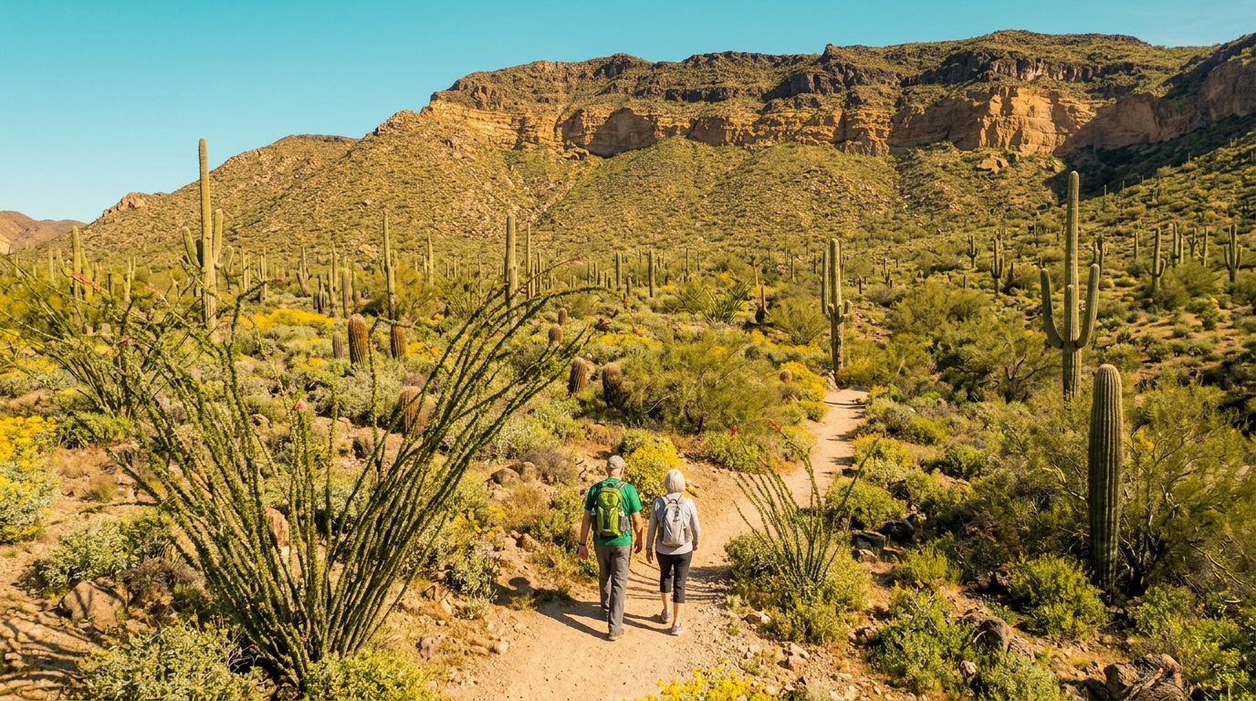 Two hikers on a desert trail with cacti and rocky hills under bright sun
