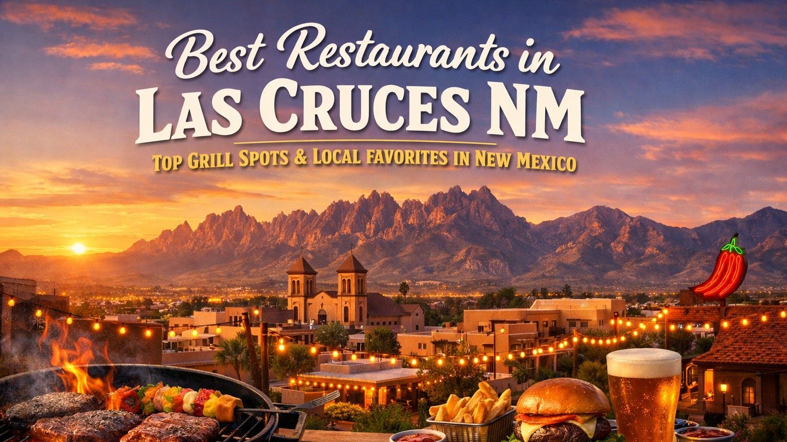 A vibrant sunset over the Las Cruces, NM skyline with mountains in the background, featuring grilled food and beer.