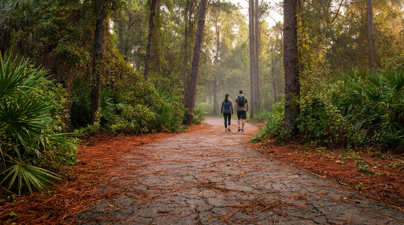 Two people walking along a leaf-covered forest path with tall trees and green shrubs.