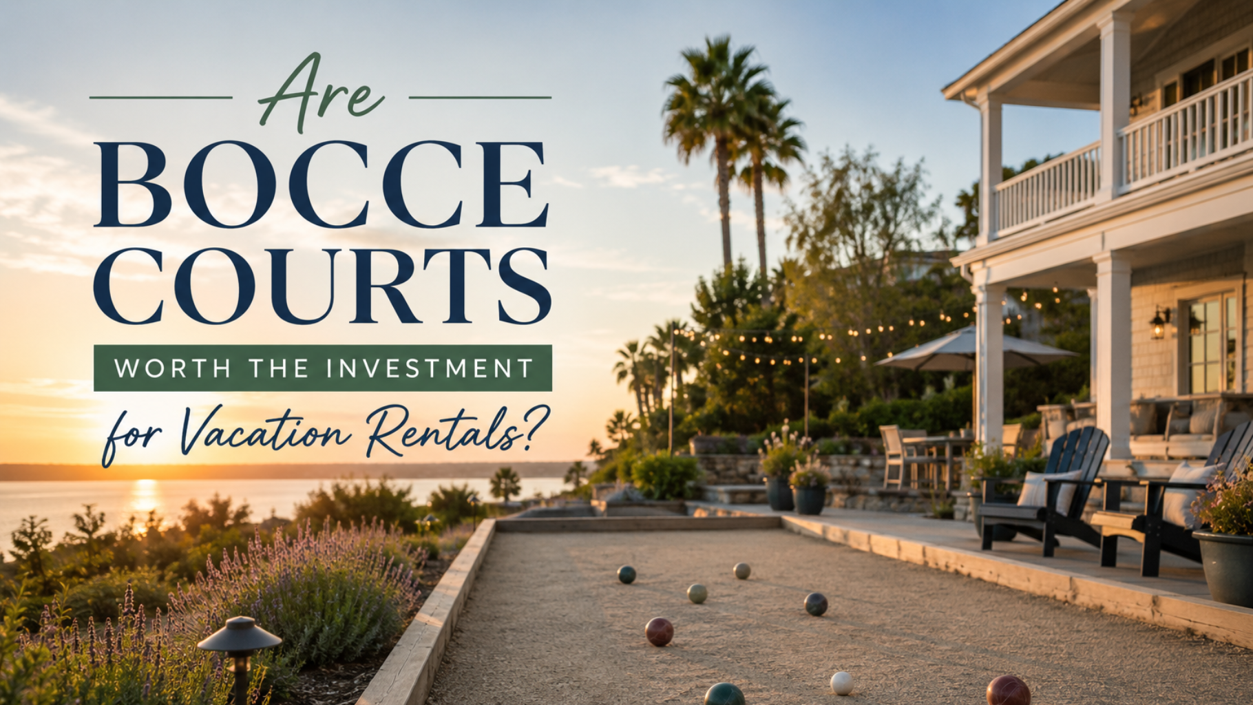 Bocce court at a luxury resort with palm trees and outdoor seating at sunset, asking if courts are worth the investment