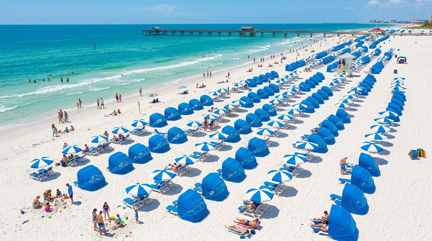Crowded white-sand beach with rows of blue umbrellas beside turquoise water