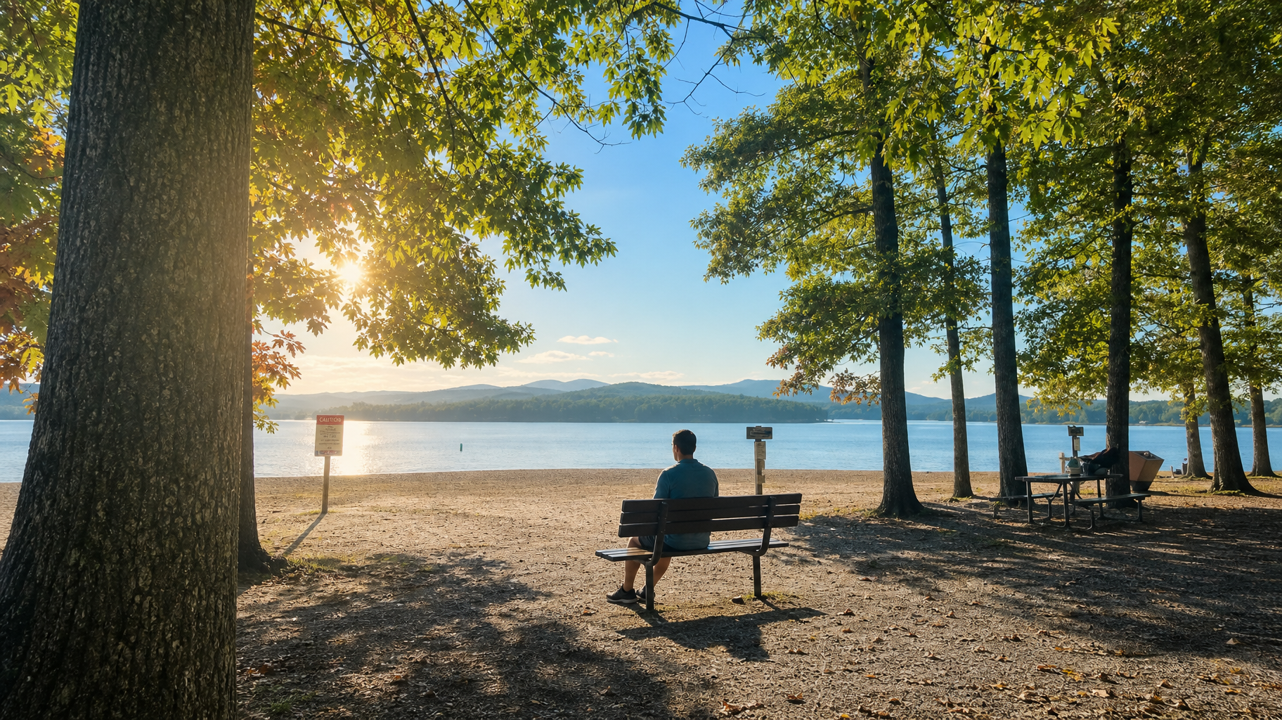 Sunlit lakeside park with trees, a bench, and a person sitting and looking over the water