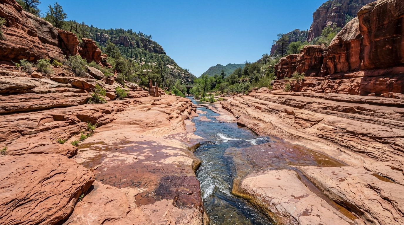 A stream flows through a red rock canyon under a clear blue sky in Sedona, Arizona.