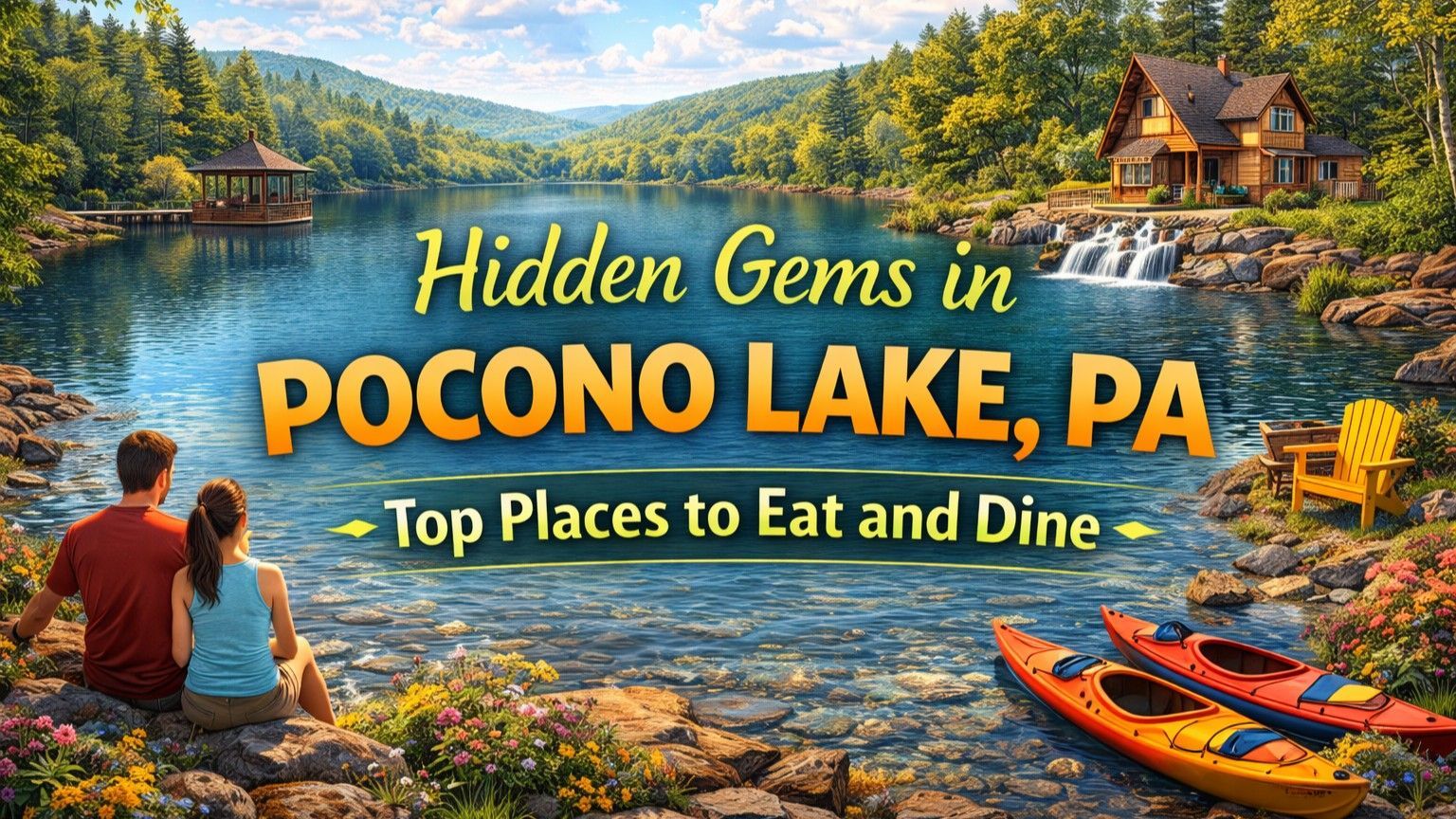 Couple looking at Pocono Lake, PA, with a house, waterfalls, kayaks, and 