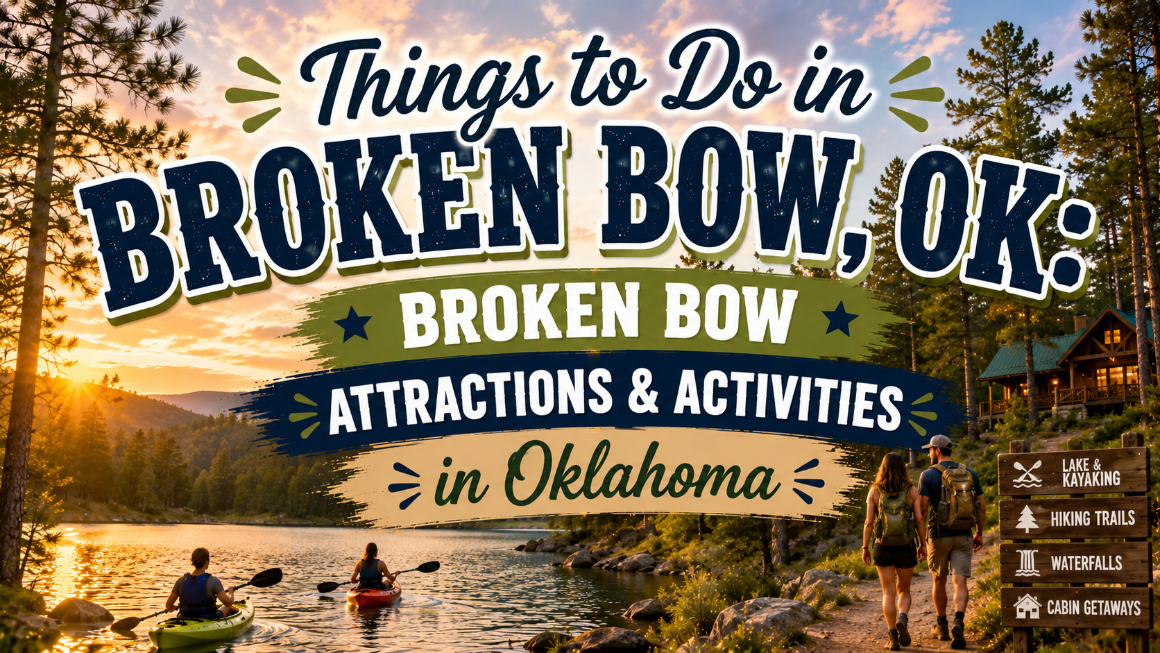 Broken Bow, OK travel banner with lake sunset, cabin lights, kayakers, and text “Things to Do in Broken Bow, OK”