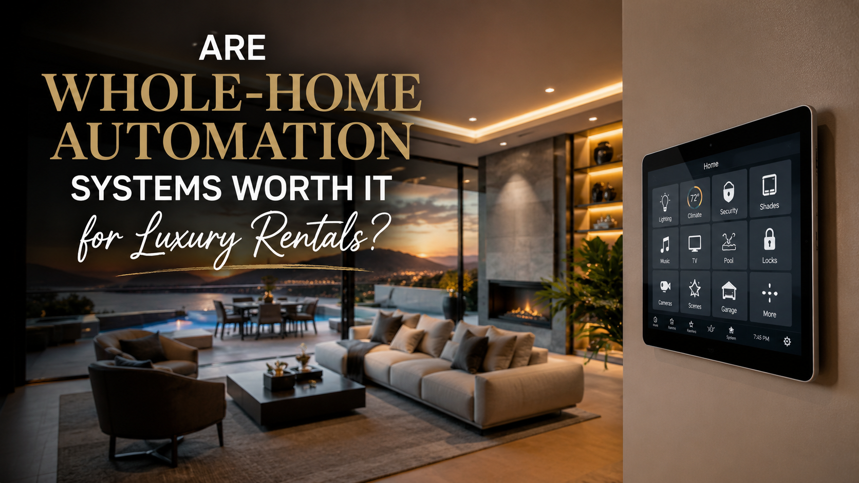 Luxury rental living room with wall control panel and text: “Are whole-home automation systems worth it for luxury rentals?”