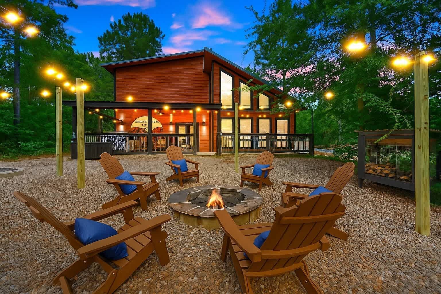 Cozy lodge patio with Adirondack chairs around a fire pit at dusk, surrounded by trees and warm lights