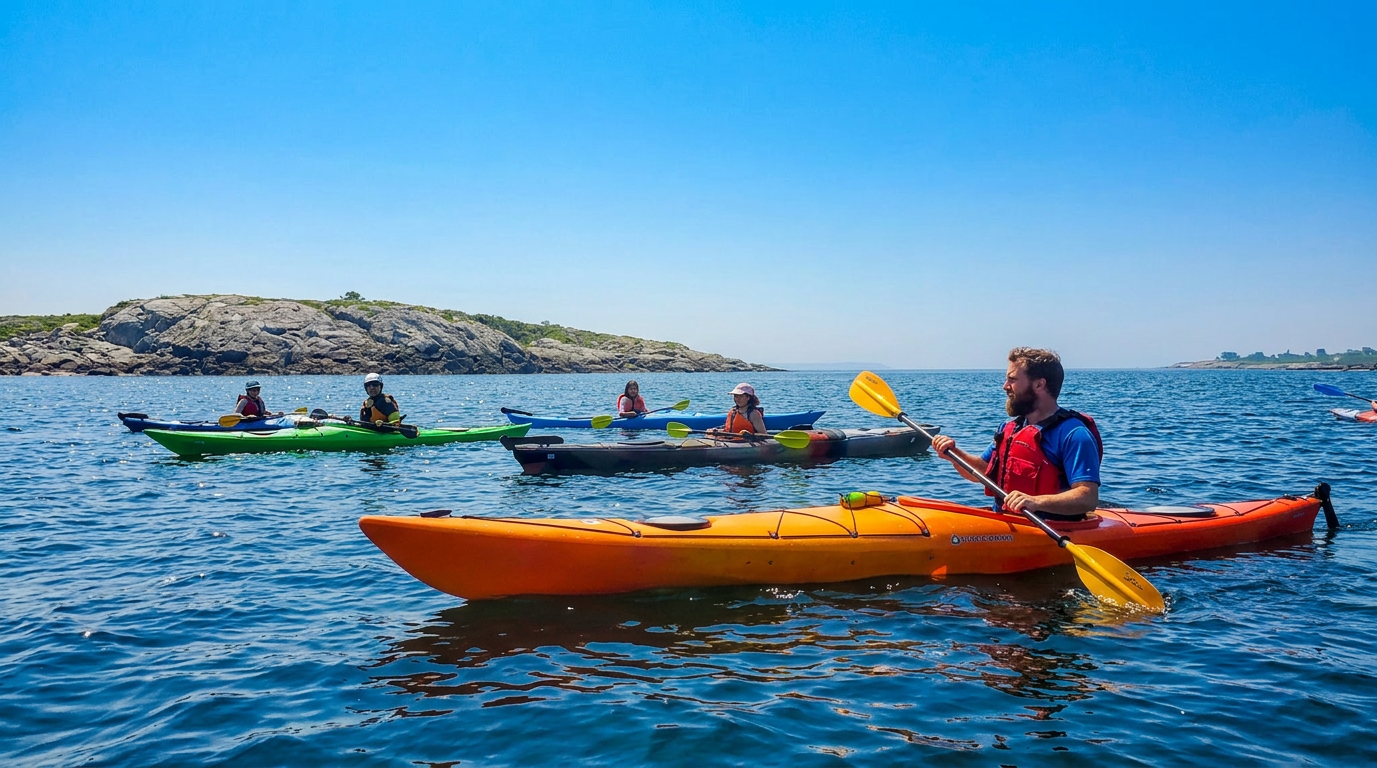 Kayakers paddling on blue water near a rocky shoreline under a clear sky
