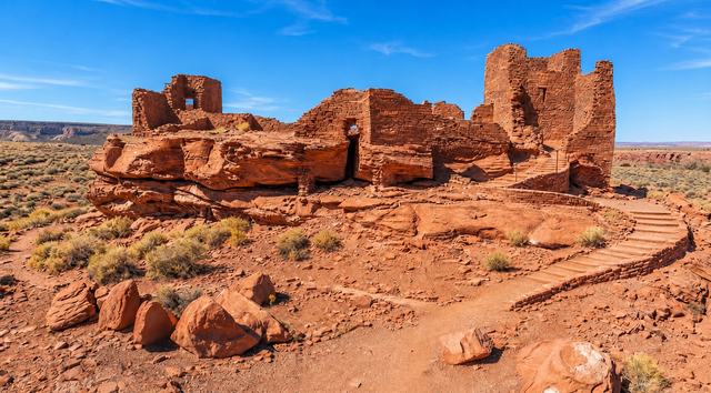 Ancient red sandstone ruins in a desert landscape under a clear blue sky.