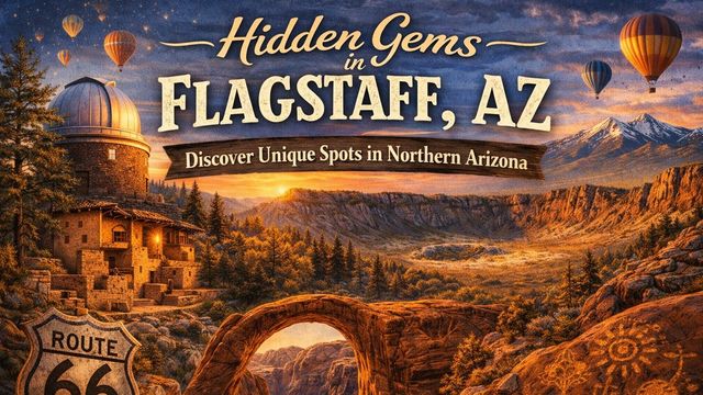A scenic illustration of Northern Arizona with hot air balloons, a stone observatory, and a Route 66 sign at sunset.