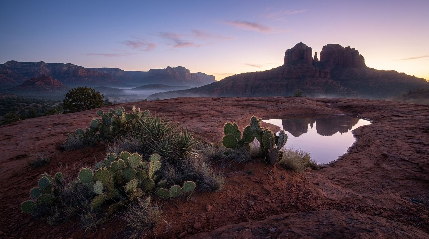 Desert landscape at dawn with red rock formations, cacti, and a reflective water pool under a pastel sky
