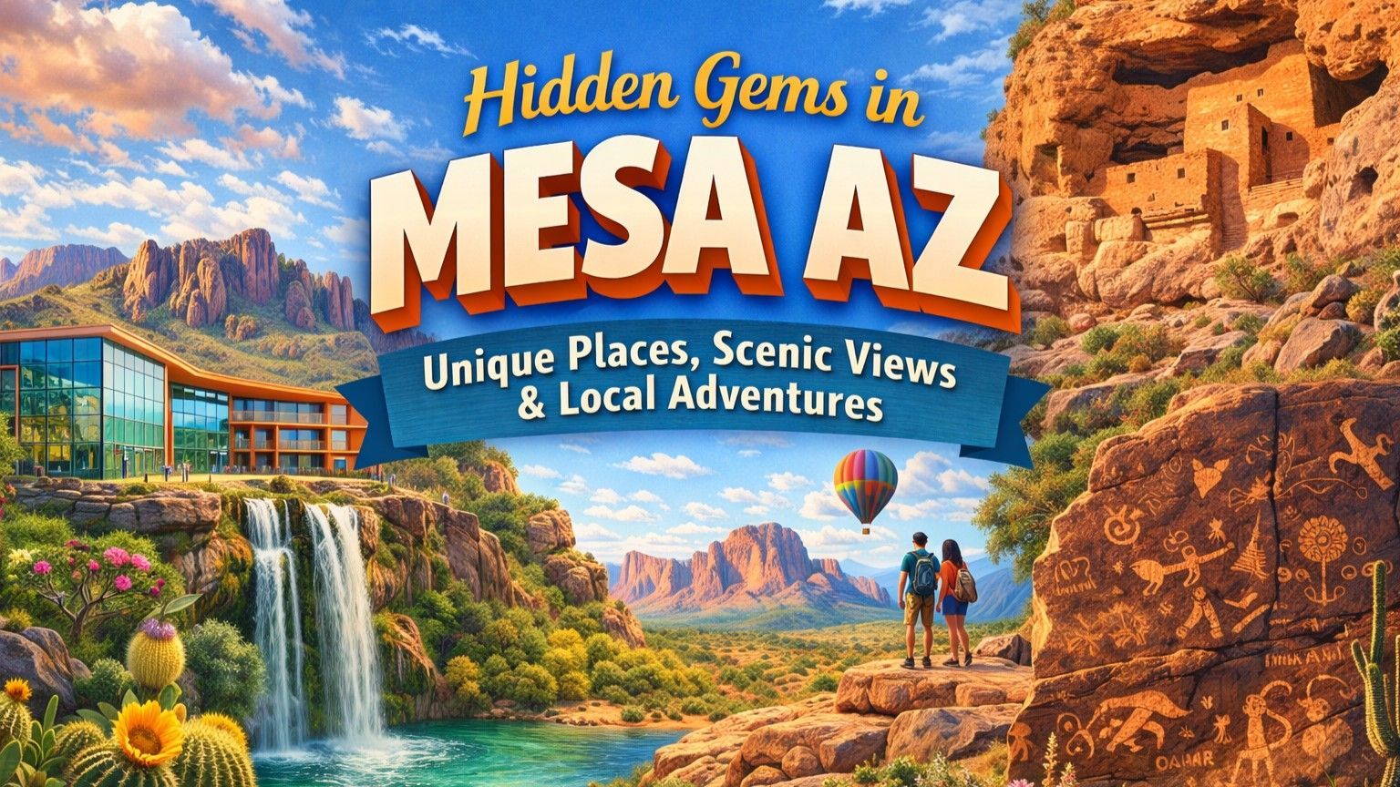 Promotional graphic for Mesa, Arizona, with a waterfall, hot air balloon, and couple overlooking landscape.