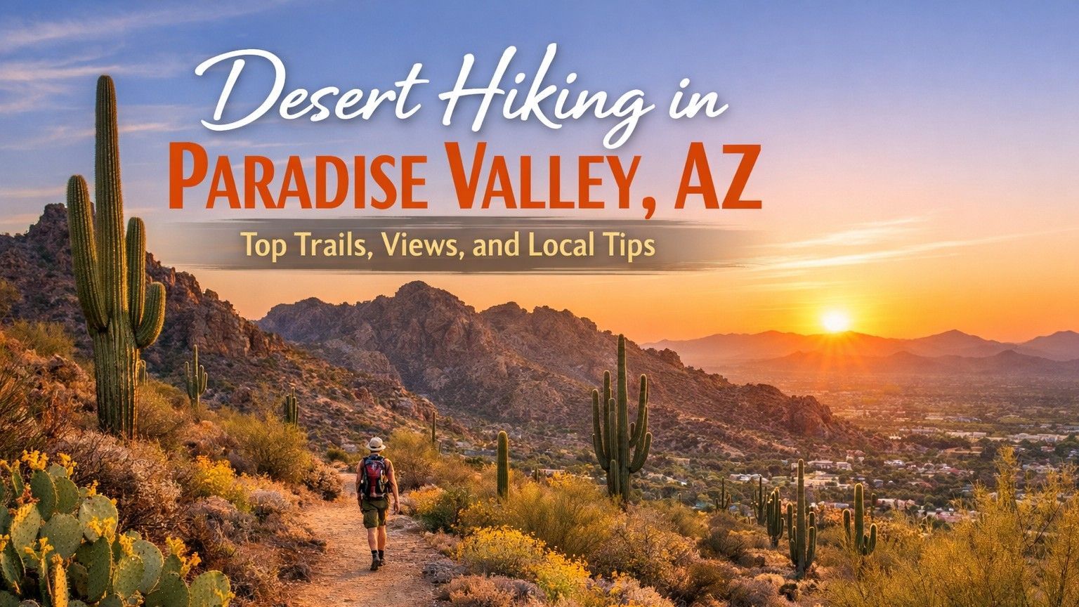 Hiker on desert trail in Paradise Valley, Arizona, with cacti, mountains, and sunset. Text: 