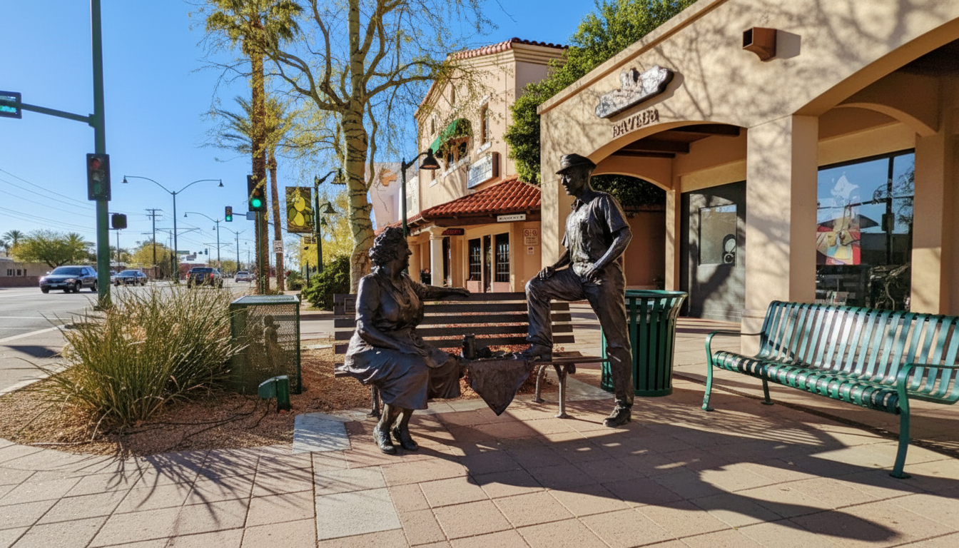 Two people sit on benches outside a sunlit café with a stone facade and green benches.