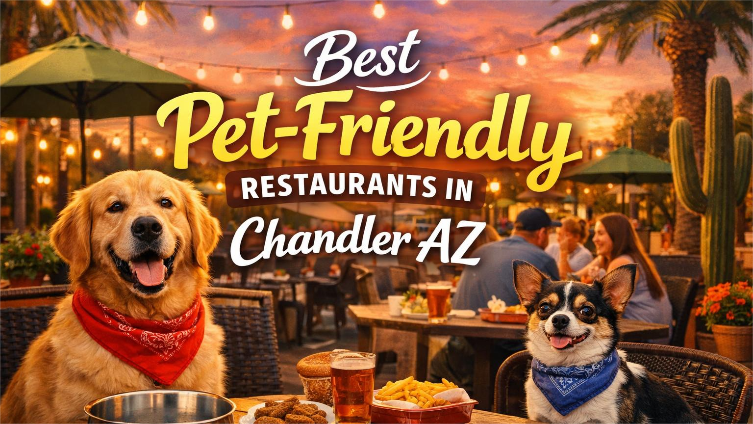 Two dogs on a patio with people dining; ad for pet-friendly restaurants in Chandler, AZ.