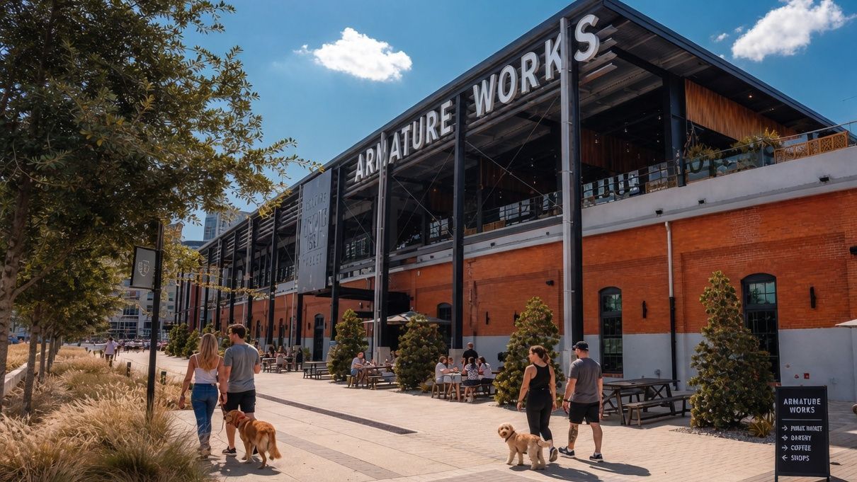 People walking past a red-brick building labeled “NATURE WORKS” on a sunny day.