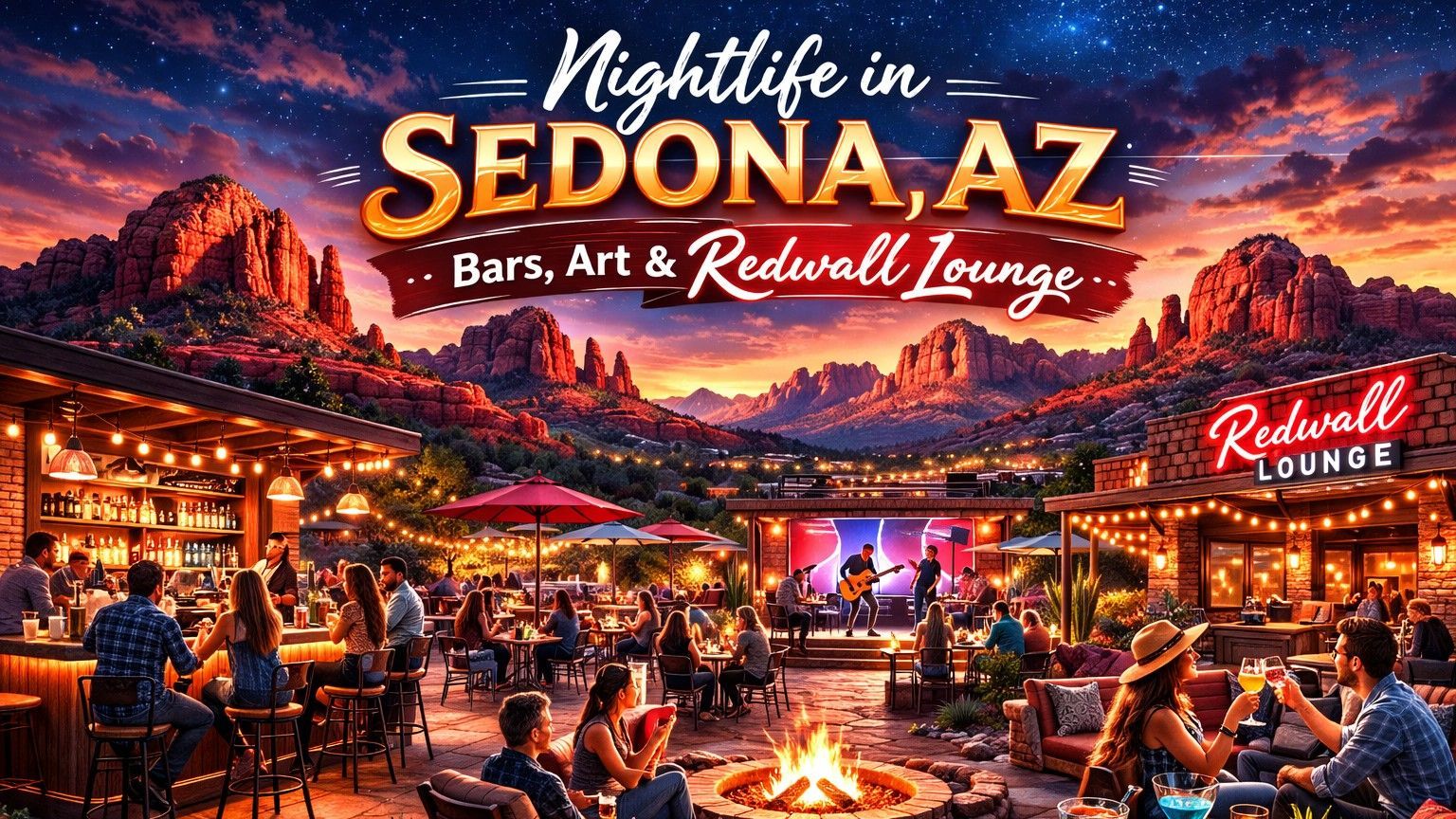Nightlife scene in Sedona, AZ, with bars, art, and the Redwall Lounge, featuring a band, outdoor seating, and red rock formations.