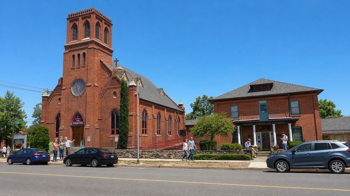 Red brick church with tall tower beside a small brick house on a sunny street with parked cars
