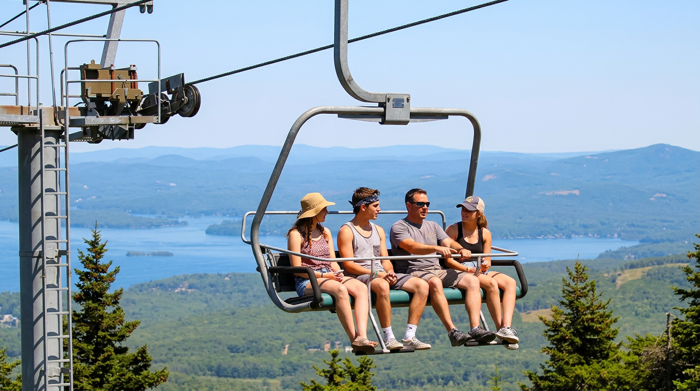Four riders on a chairlift above a forested mountain with blue lake and hills in the distance